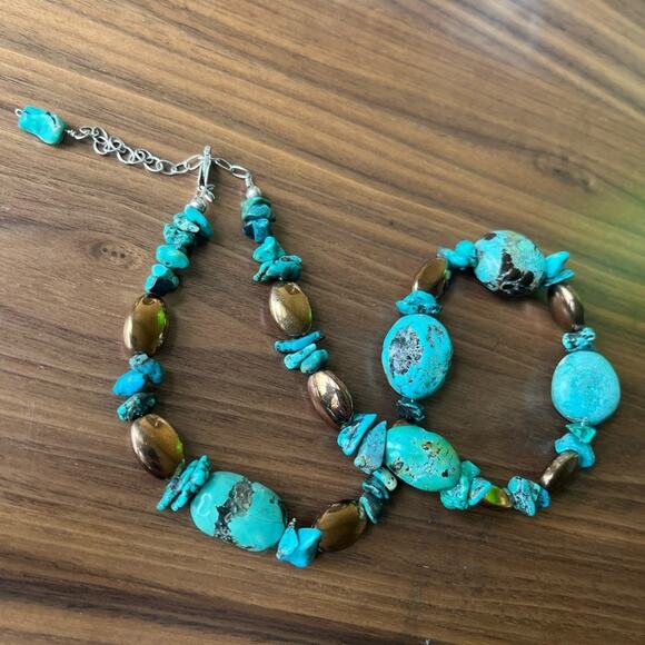 Vintage 925 Sterling Silver Chunky Genuine Turquoise and Bronze Bead Necklace C3 - Picture 10 of 11